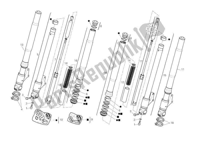 All parts for the Front Fork of the Ducati Monster S2R 800 2005